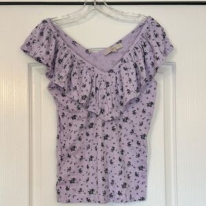 LOFT Cara Crinkle Ruffle Purple Floral Top Size XS NWT